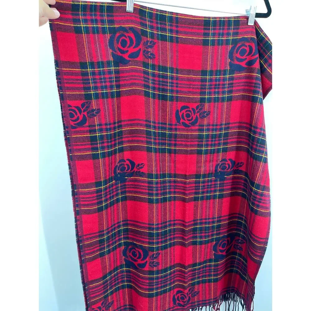 Plaid Rose Red Blue Super Soft Reversible Scarf Shawl Wrap NEW